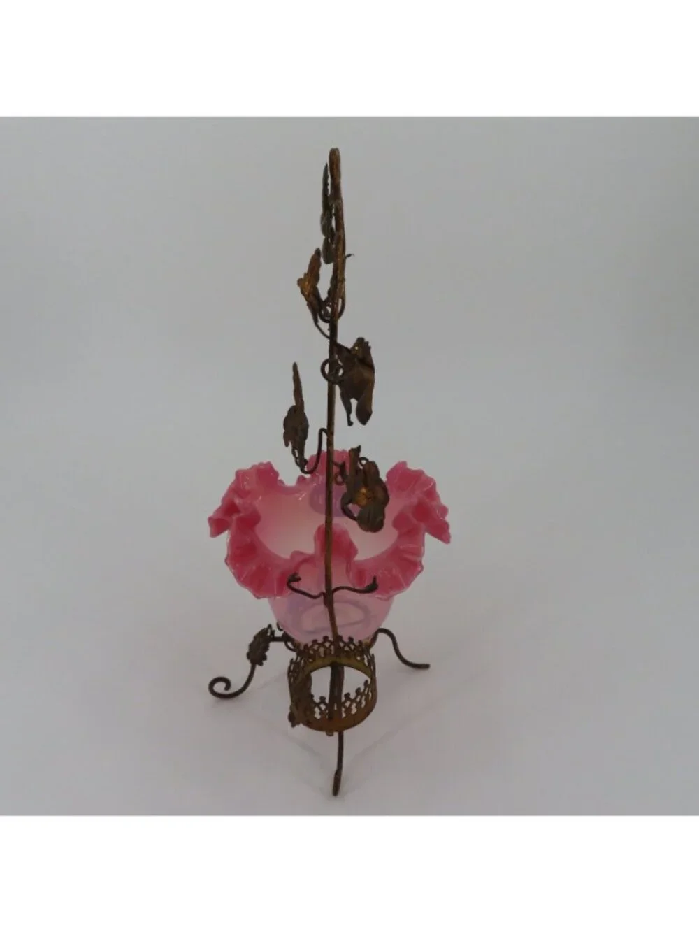 Antique French Gilt Pocket Watch Holder Vanity Pink Glass Bowl Bird Flowers